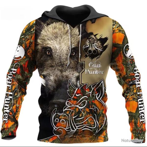 Sweat � capuche unisexe imprim� 3D camouflage orange pour hommes, sweat-shirt de chasse au sanglier,