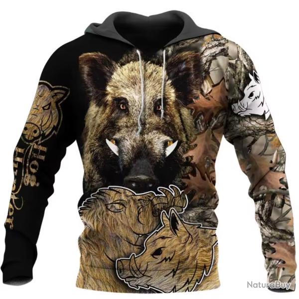 Sweat-shirt � capuche surdimensionn� pour hommes, imprim� d'animaux en 3D, chasse au sanglier, unise
