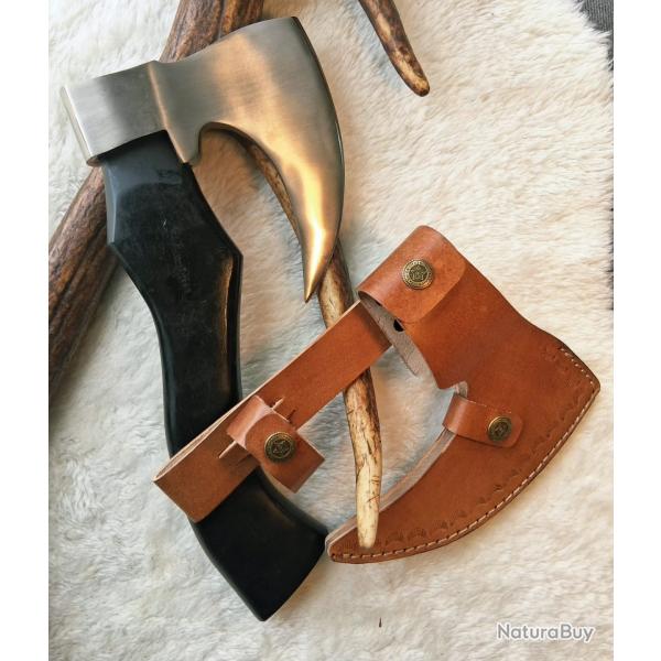 HA20 - Hache compacte style nordique - manche noir sculpt� - �tui cuir inclus - 30 cm