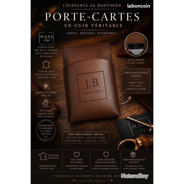 Porte-cartes / portefeuille minimaliste en cuir v�ritable - Personnalisation offerte - Fait main