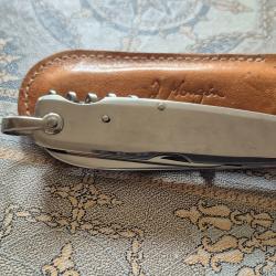 Joli  Canif inox  MONGIN  10 cm avec 6 Lames plus etui cuir