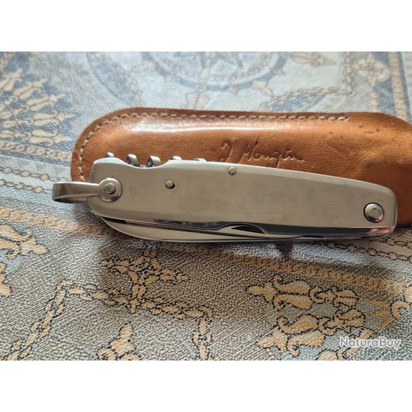 Joli  Canif inox  MONGIN  10 cm avec 6 Lames plus etui cuir