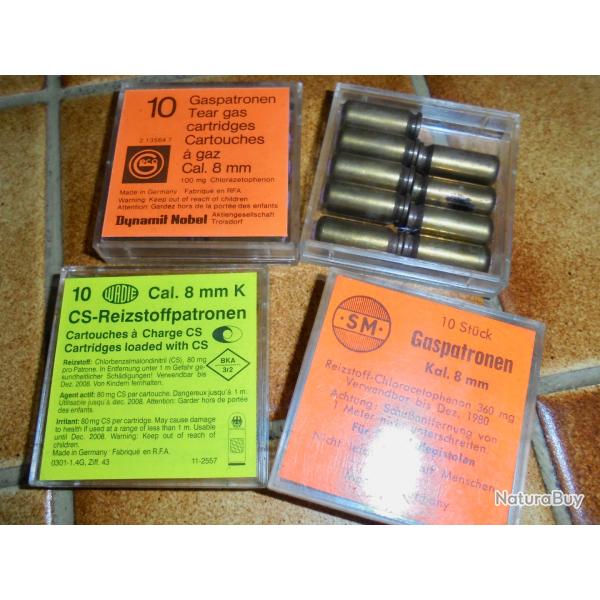 Lot de 35 cartouches � gaz anciennes pour pistolet d'alarme cal 8mmK