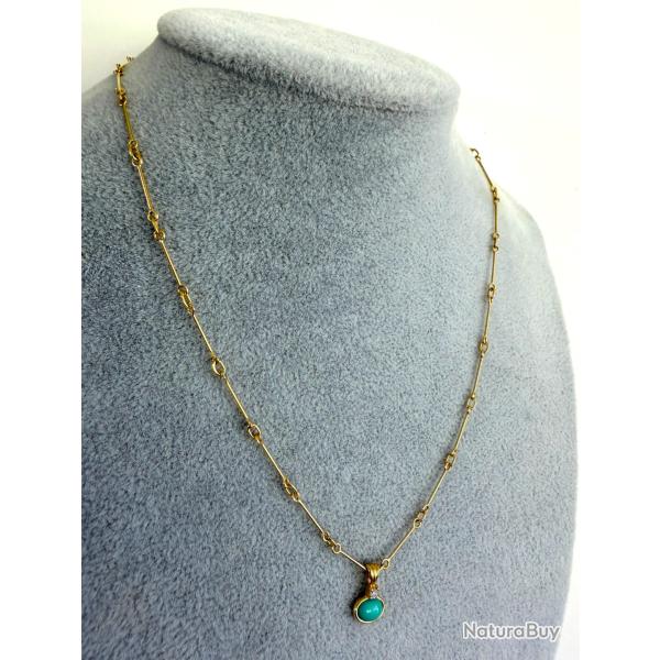 Collier en or massif 18 carats avec turquoise et diamant - 44 cm