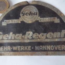 Plaque constructeur machine Allemande Geha-Regent vintage
