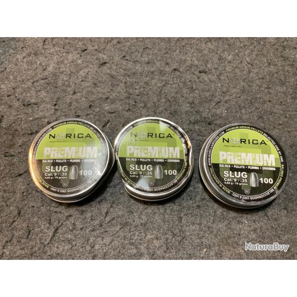Lot de 3  boites soit 300 plombs Norica cal 9mm/.35 poids 4.85g / 75 grains