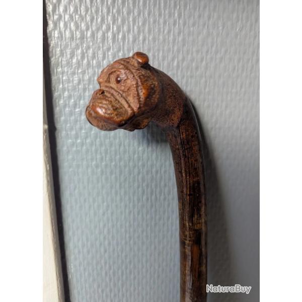 Canne ancienne sculpt�e, pommeau t�te de bulldog