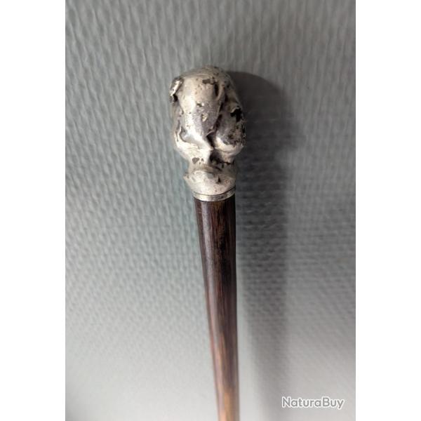 Canne XIXe pommeau buste bifacial m�tal argent� bois laurier collection