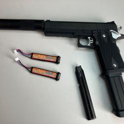 Tokyo Marui R&eacute;plique Hi-Capa E Government + Silencieux Maple Leaf + Chargeur 100 billes + 2 Lipos