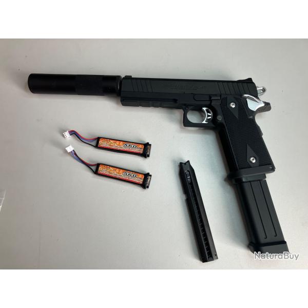 Tokyo Marui R�plique Hi-Capa E Government + Silencieux Maple Leaf + Chargeur 100 billes + 2 Lipos