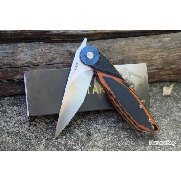 Couteau Y-Start Lame Acier D2 Two-Tone Tanto | Manche G10 Orange/Black Liner Lock