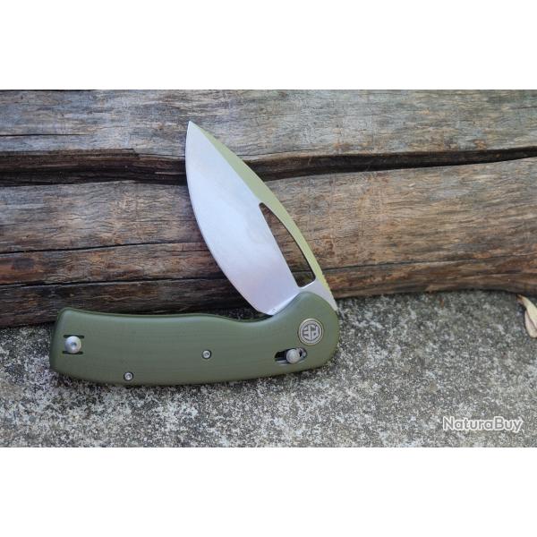 Couteau Petrified Fish Viper Lame Acier K110 Stonewash Drop Point Manche G10 Green Crossbar Lock