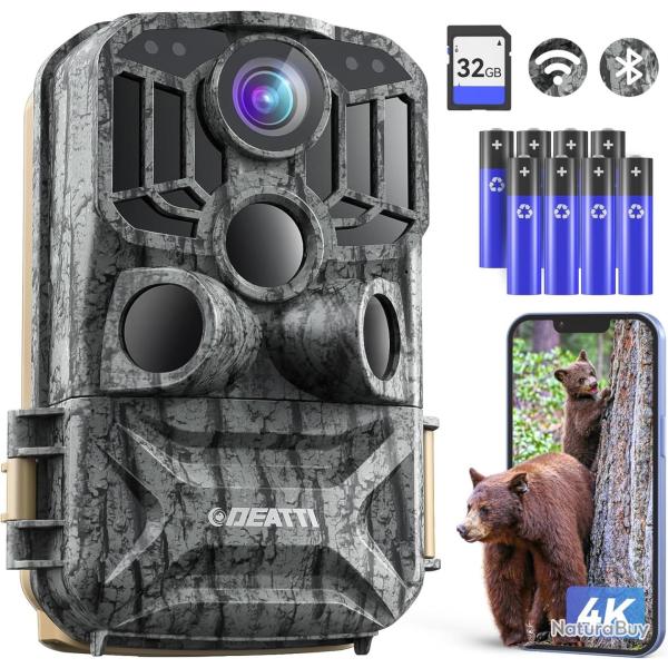Camera de Chasse HD WiFi 4K 48MP Connect�e T�l�phone 120� �tanche IP66  Carte 32GB  Vision Nocturne