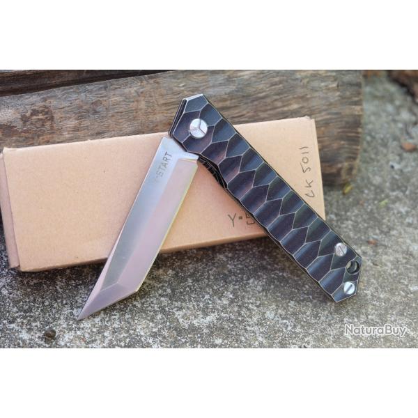 Couteau Y-Start | Lame Acier 440C Satin Tanto | Manche Titane Gray | Frame Lock IKBS | Clip