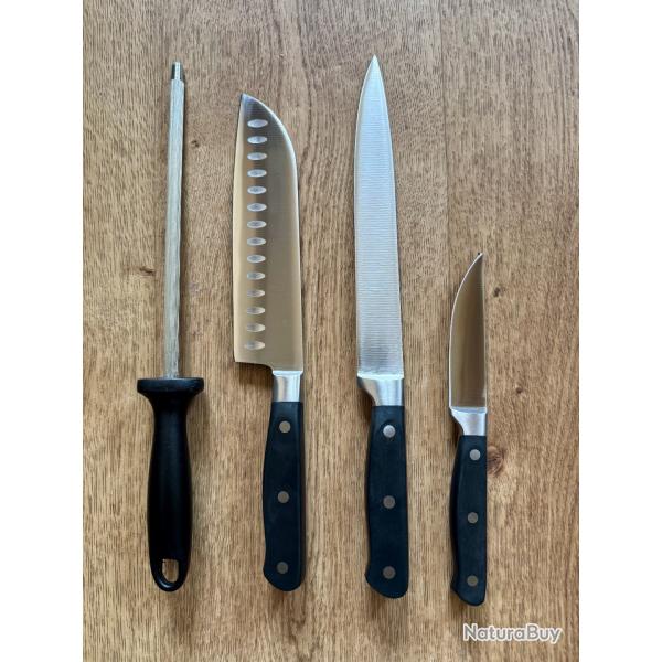 Lot de 3 couteaux de cuisine professionnels neufs + fusil