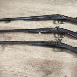 Lot de 3 fusils &agrave; percussion pour restauration ou pi&egrave;ces d&eacute;tach&eacute;es.