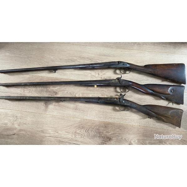 Lot de 3 fusils � percussion pour restauration ou pi�ces d�tach�es.
