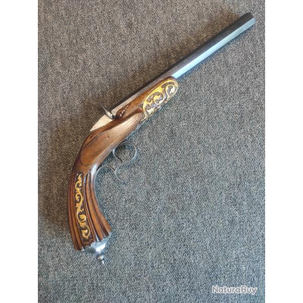 Magnifique pistolet flobert de luxe dor� de salon 22 bosquette (5,5mm) sign� Gilles Mariette