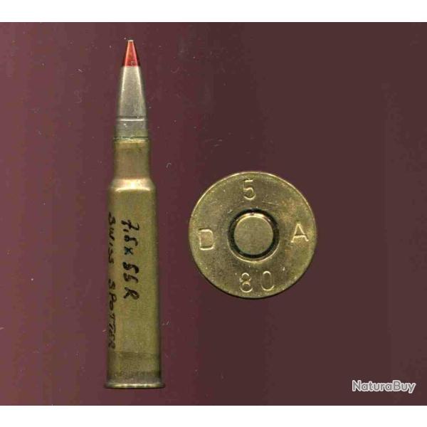 7.5 x 55 R � bourrelet Suisse Spotter - RARE - traceuse pointe rouge -  marquage : D 5 A 80