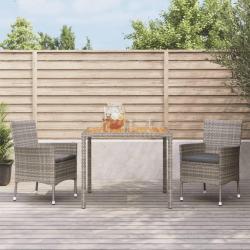 Ensemble &agrave; manger de jardin 3 pcs coussins gris r&eacute;sine tress&eacute;e