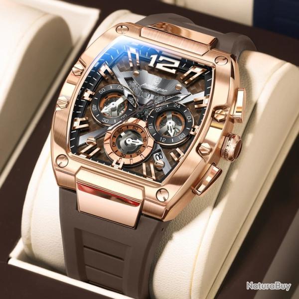 Superbe Montre Chrono Homme Acier Etanche-Rose Gold Brown