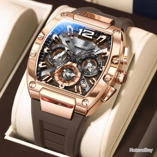 Superbe Montre Chrono Homme Acier Etanche-Rose Gold Brown