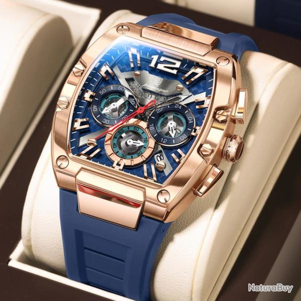 Superbe Montre Chrono Homme Acier Etanche-Rose Gold Blue