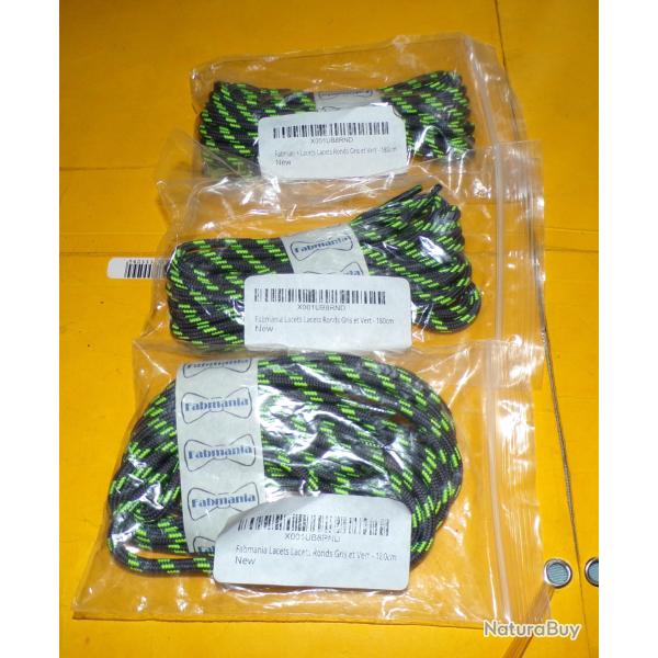 LOT DE 3 SACHETS DE 2 PAIRES DE LACETS COULEUR GRIS ET VERT DE 1,80 METRES DE LONGUEUR  POUR LES RAN