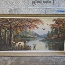Grand tableau panoramique sign&eacute; encadr&eacute;, Huile sur toile &eacute;pagneul canards colverts