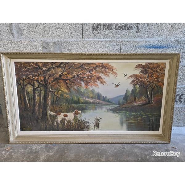 Grand tableau panoramique sign� encadr�, Huile sur toile �pagneul canards colverts