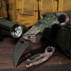 Couteaux Griffe Predator Karambit A/O Lame Acier Inox Manche Camo linerlock Clip 409