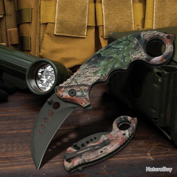 Couteaux Griffe Predator Karambit A/O Lame Acier Inox Manche Camo linerlock Clip 409