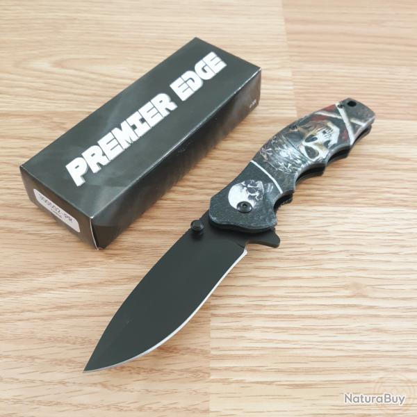 Couteau Pirate des Caraibes Skull Semi Automatique Lame Acier Inox Manche ABS Linerlock Clip 02pr