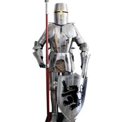 Armure M&eacute;di&eacute;vale en Acier - Chevalier avec Bouclier & Lance
