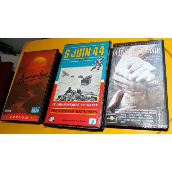 LOT DE 3 CASSETTES V.H.S : LA LISTE DE SCHINDER , APOCALYPSE NOW , 6 JUIN 1944 "D" DAY , BON  ETAT V