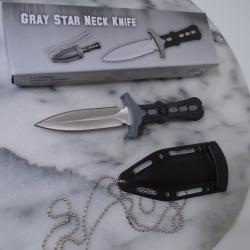 Couteau de Cou Lame Acier Inox Satin Drop Point Manche Plastic Gray Housse avec Chainette 24GY