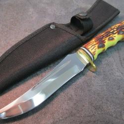 Couteaux de Chasse Survie Lame Acier Inox Manche Abs Fa&ccedil;on Bois de Cerf Etui Nylon 0914