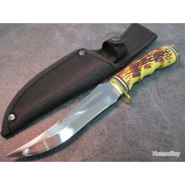 Couteaux de Chasse Survie Lame Acier Inox Manche Abs Fa�on Bois de Cerf Etui Nylon 0914