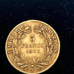 France 5 Francs Or Napol&eacute;on IIl Laur&eacute; 1863 BB (Strasbourg) Or 900%