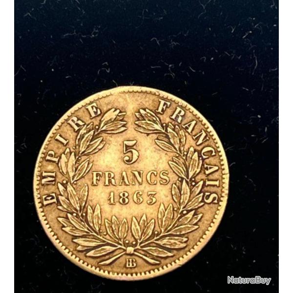 France 5 Francs Or Napol�on IIl Laur� 1863 BB (Strasbourg) Or 900%