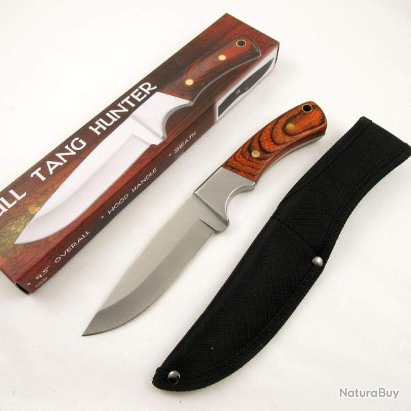 Couteaux de Chasse Survie Rando Skinner Lame Acier Inox Manche Bois Etui Nylon 915