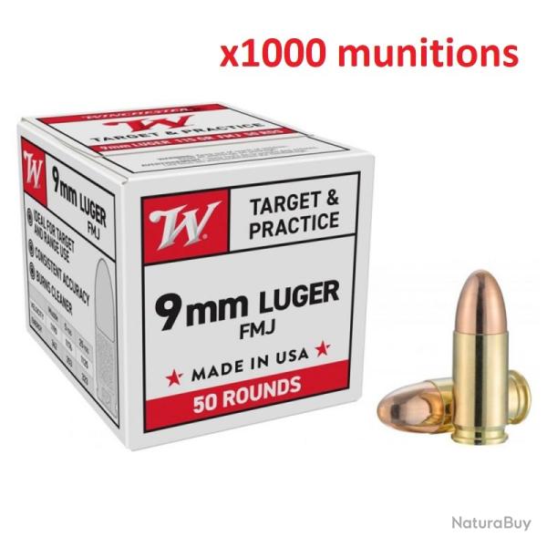 VENTE FLASH ! - Pack de 1000 Balles Winchester Cal.9x19 FMJ 124gr (20 boites de 50) - PROMO !