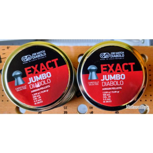 8 boites de 500 plombs diabolos JSB EXACT 22 jumbo 1,030g 15,89 grains 6 boites 5,52 . 2 boites 5,50