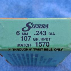 CAL .243 (6 mm) - 100 ogives SIERRA - MATCH  - 107 GR. HPBT -  6,93 g - r&eacute;f #1570 - Boite neuve