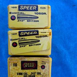 CAL .243 (6 mm) - Lot de 248 ogives SPEER -105 GR. SPITZER -  6,80 g - r&eacute;f #1229 - 3 boites