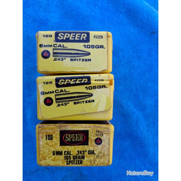 CAL .243 (6 mm) - Lot de 248 ogives SPEER -105 GR. SPITZER -  6,80 g - r�f #1229 - 3 boites