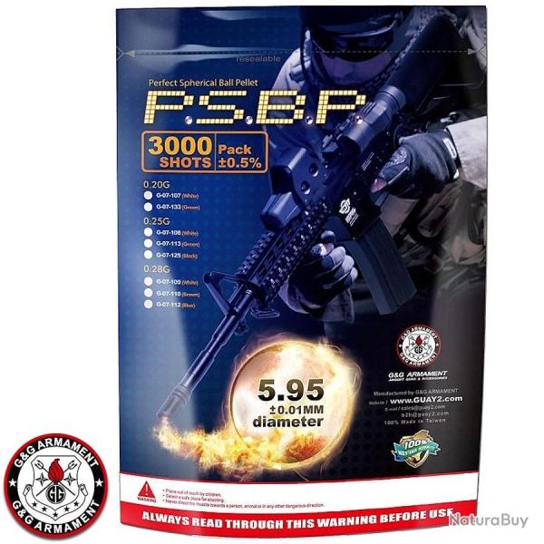Billes Airsoft 0,25g G&G Perfect BB - Sachet de 3000 billes 6 mm Blanches