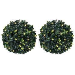 Boules de buis artificielles avec lumi&egrave;res LED 2 pcs vert 22 cm