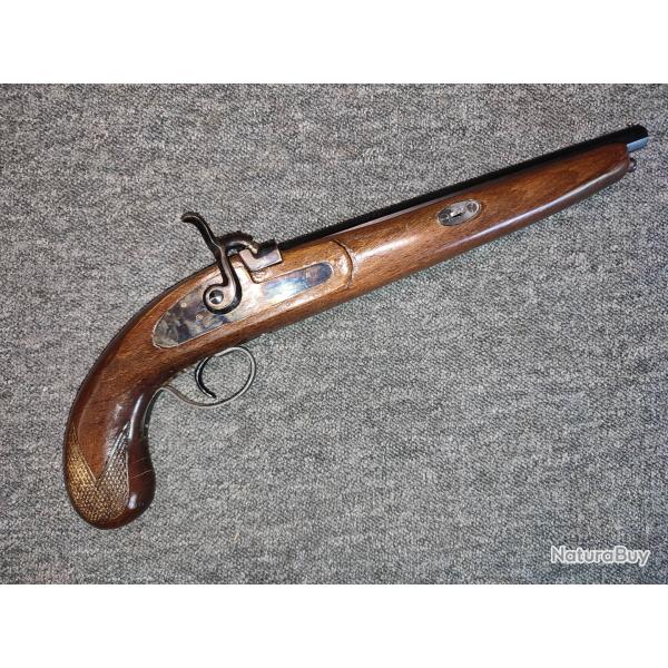 Grand pistolet � percussion calibre 12mm platine enti�rement jasp�e canon � pans