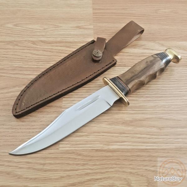 Couteau de Chasse Bowie Lame Acier Inox Manche Noyer Etui Cuir 412WD